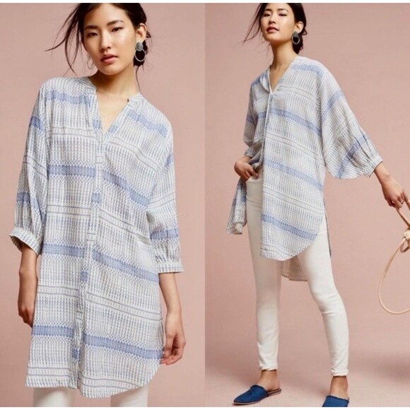 Maeve Anthropologie Lena Yarn Dye Off White Blue Oversized Boho Top Sz Small - Picture 1 of 9